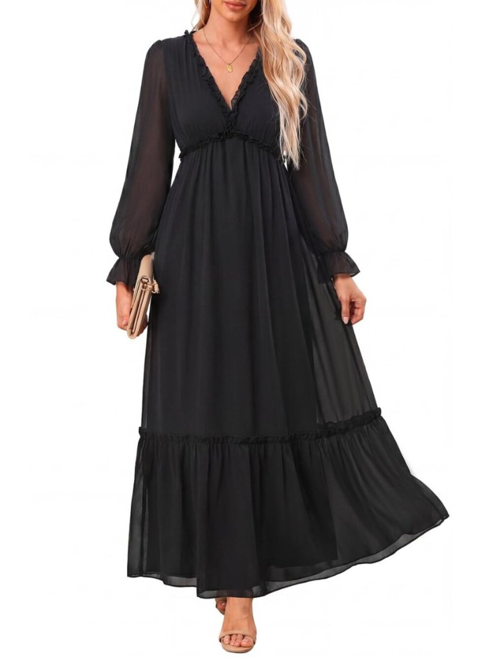 Women Long Sleeve Maxi Chiffon Fall Casual Flowy Boho Dress